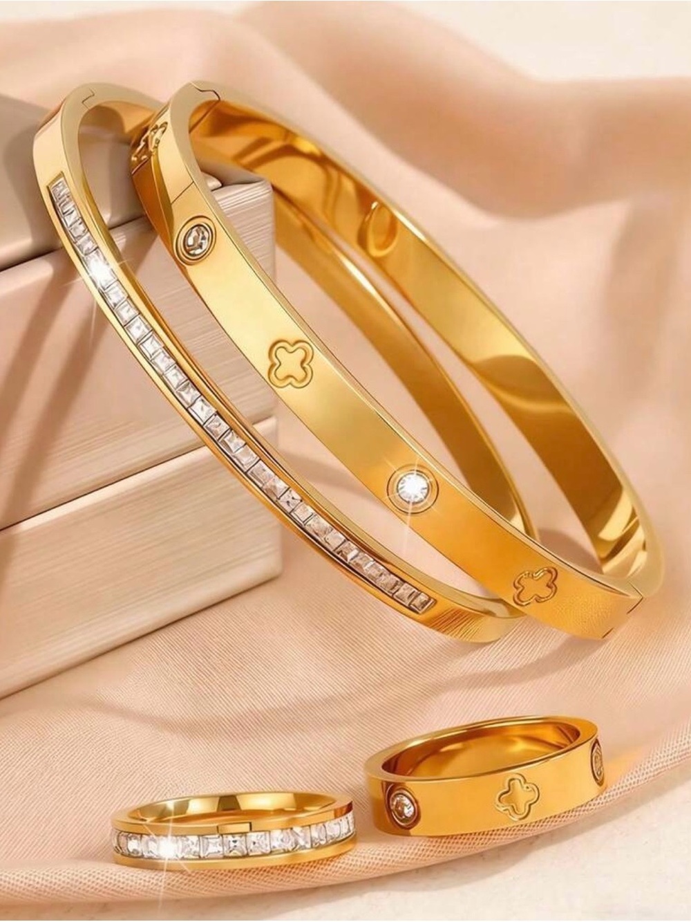 Gold Clover Accent Bracelet and Ring Set - Gold Color